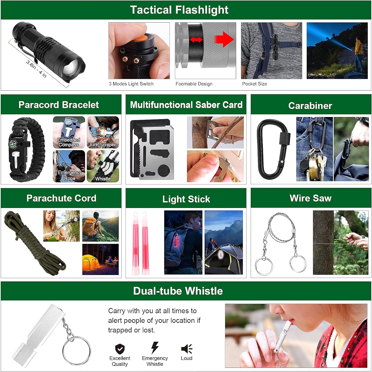 Waterproof Emergency Outdoor Gear Kit with Storage Bag for Camping Touring and Climbing