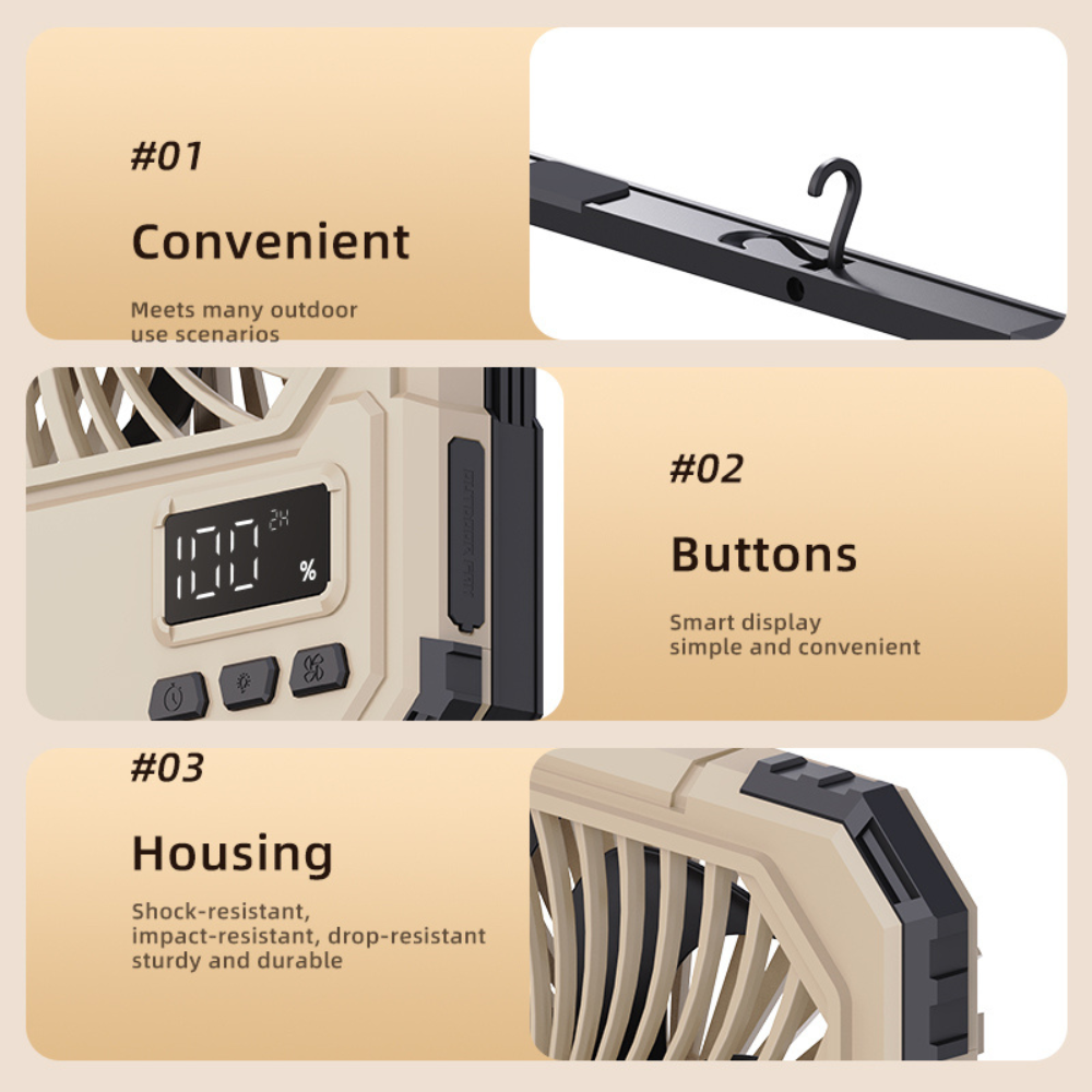 Portable 3-in-1 Rechargeable Camping Fan with LED Light Remote and Adjustable Stand