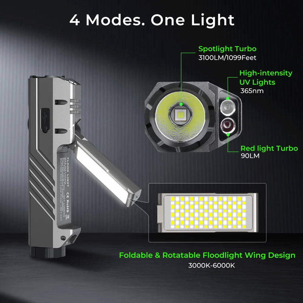 Rechargeable LED Flashlight 3100LM with UV Light Red Light Side Light and 5000mAh Battery