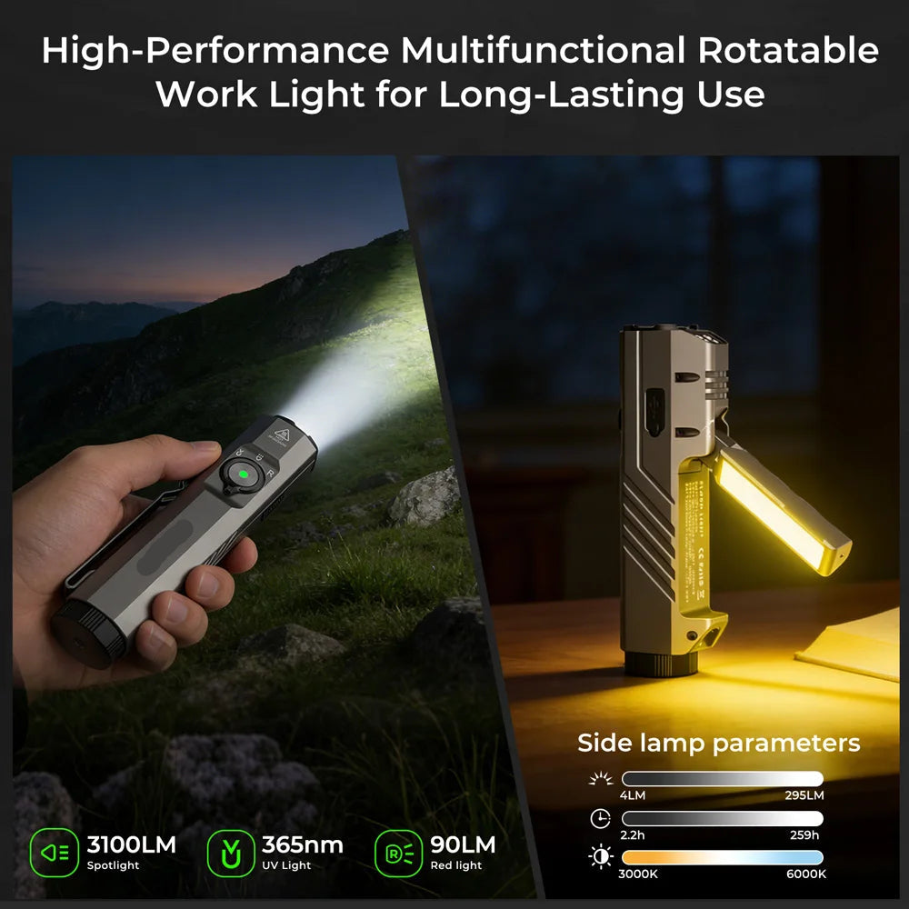 Rechargeable LED Flashlight 3100LM with UV Light Red Light Side Light and 5000mAh Battery